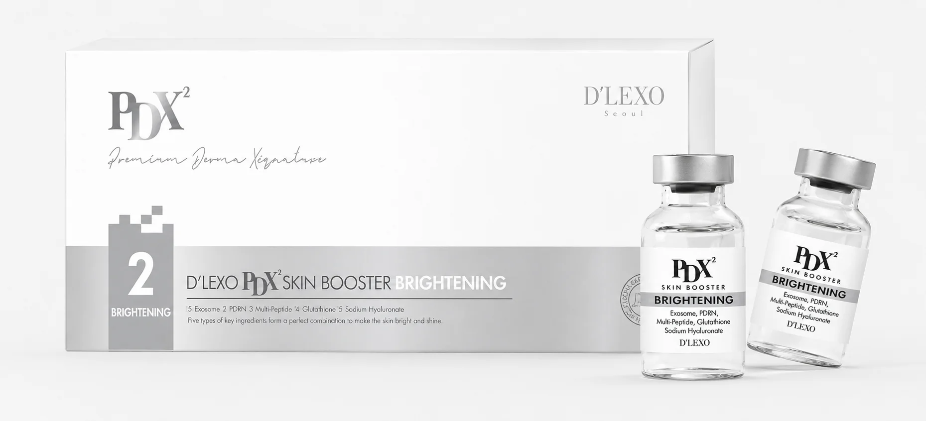 D'LEXO PDX² Skin Booster Brightening — balení a 2 ampule